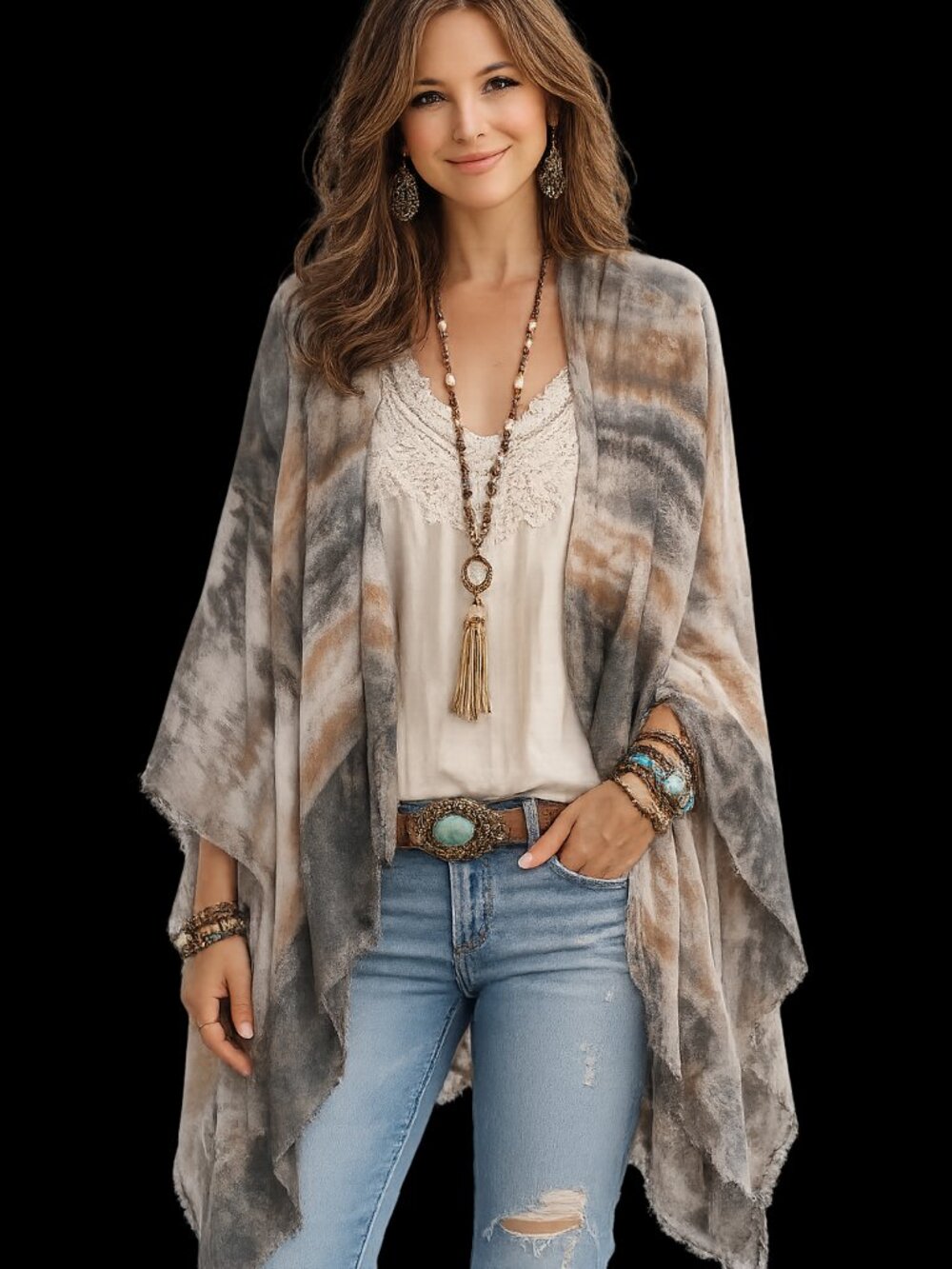 Gray Tan Tie Dye Ruana Wrap Boho Shawl One Size